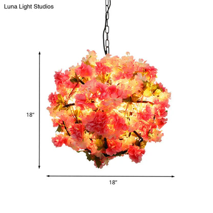 Industrial Metal Ball Chandelier Light with Pink LED Bulbs and Cherry Blossom Design