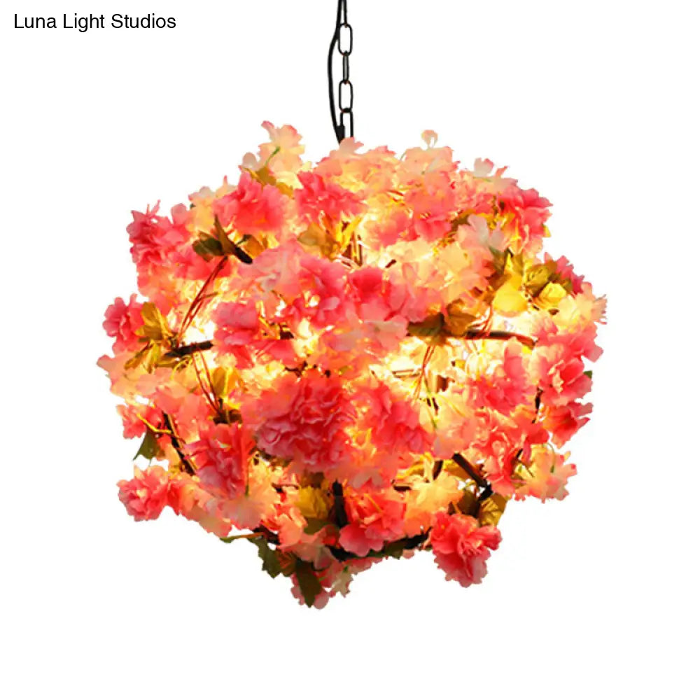 Industrial Metal Ball Chandelier Light with Pink LED Bulbs and Cherry Blossom Design