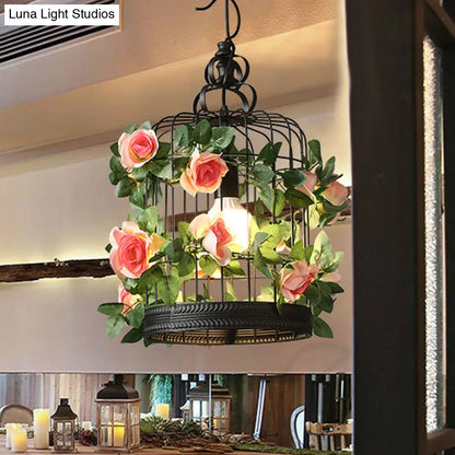 Industrial Metal Birdcage LED Pendant Lamp – Black, One Bulb, with Flower Decoration