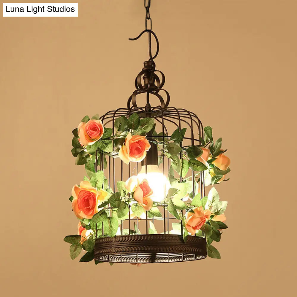 Industrial Metal Birdcage LED Pendant Lamp – Black, One Bulb, with Flower Decoration