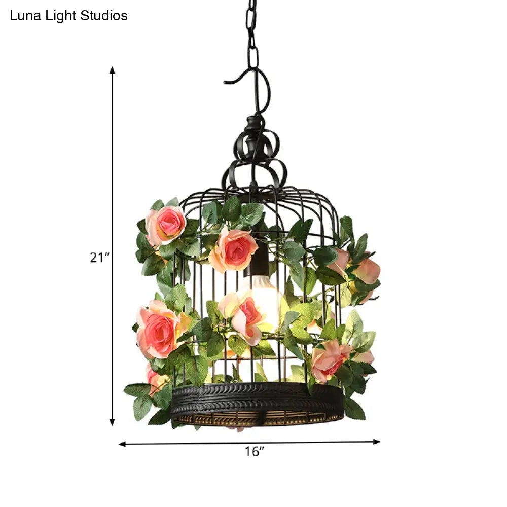 Industrial Metal Birdcage LED Pendant Lamp – Black, One Bulb, with Flower Decoration