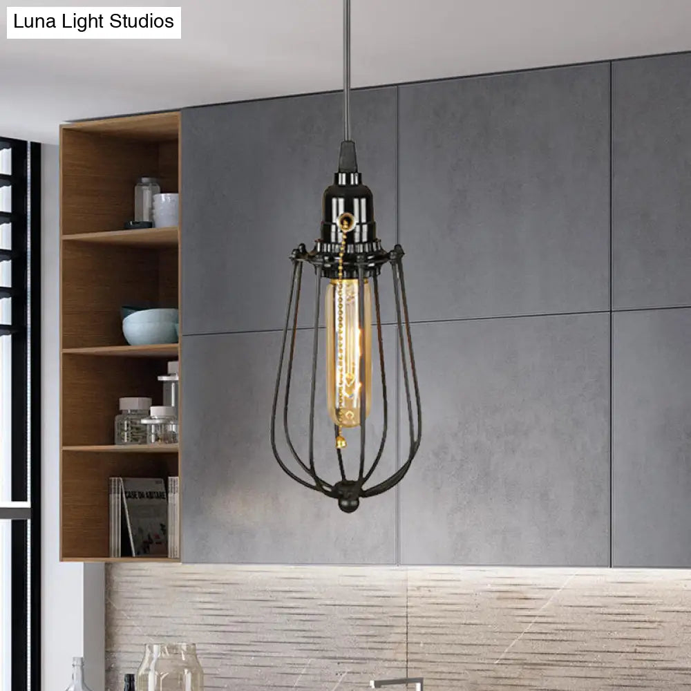 Industrial Metal Black Bulb Pendant Light with Height Adjustment and Wire Guard