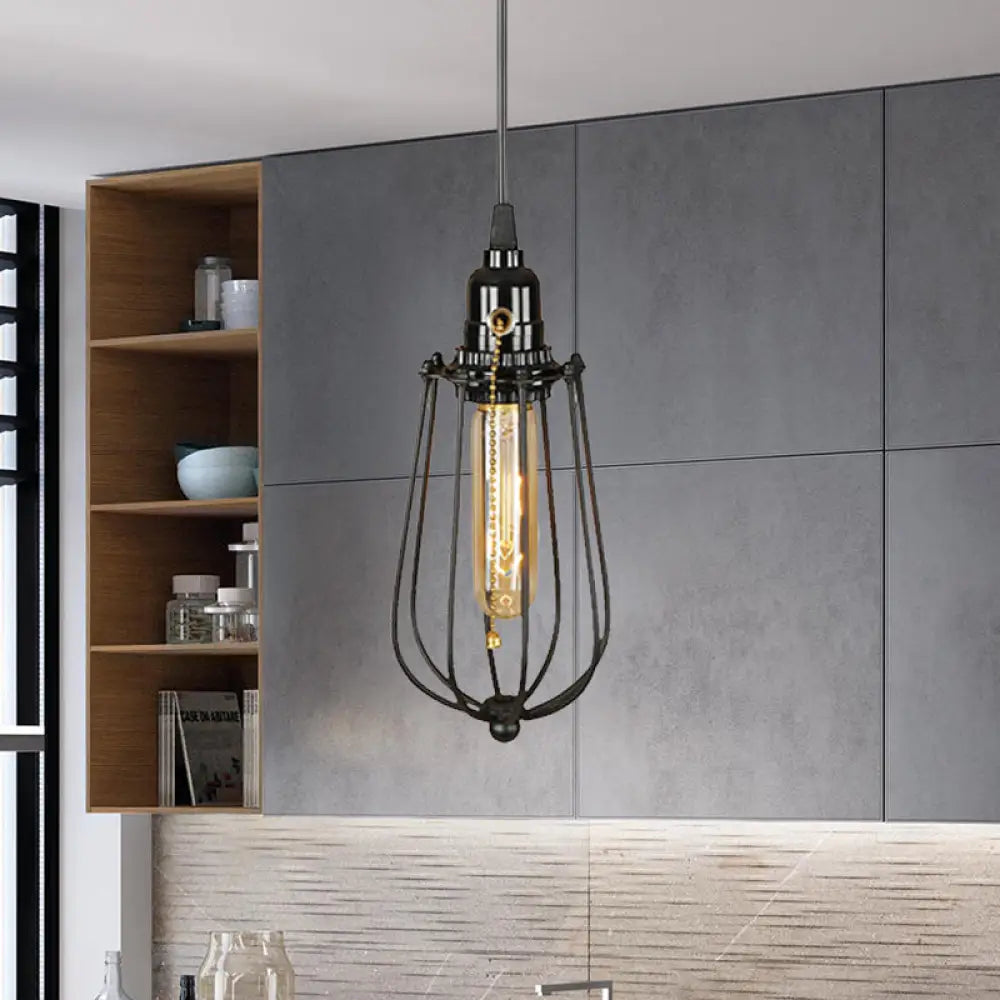 Industrial Metal Black Bulb Pendant Light with Height Adjustment and Wire Guard