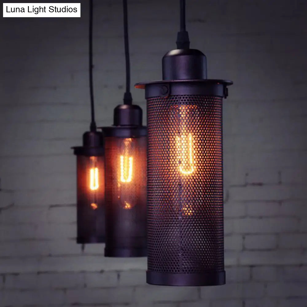 Industrial Metal Black Ceiling Hanging Lantern Pendant with Cylindrical Mesh Design - Perfect for Cafes