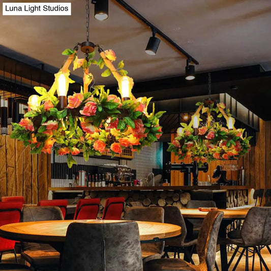 Industrial Metal Black Chandelier with 6 Bare Bulb Lights and Flower Decor - LED Pendant Lighting