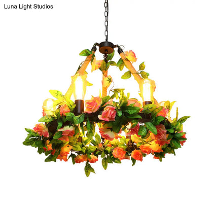 Industrial Metal Black Chandelier with 6 Bare Bulb Lights and Flower Decor - LED Pendant Lighting