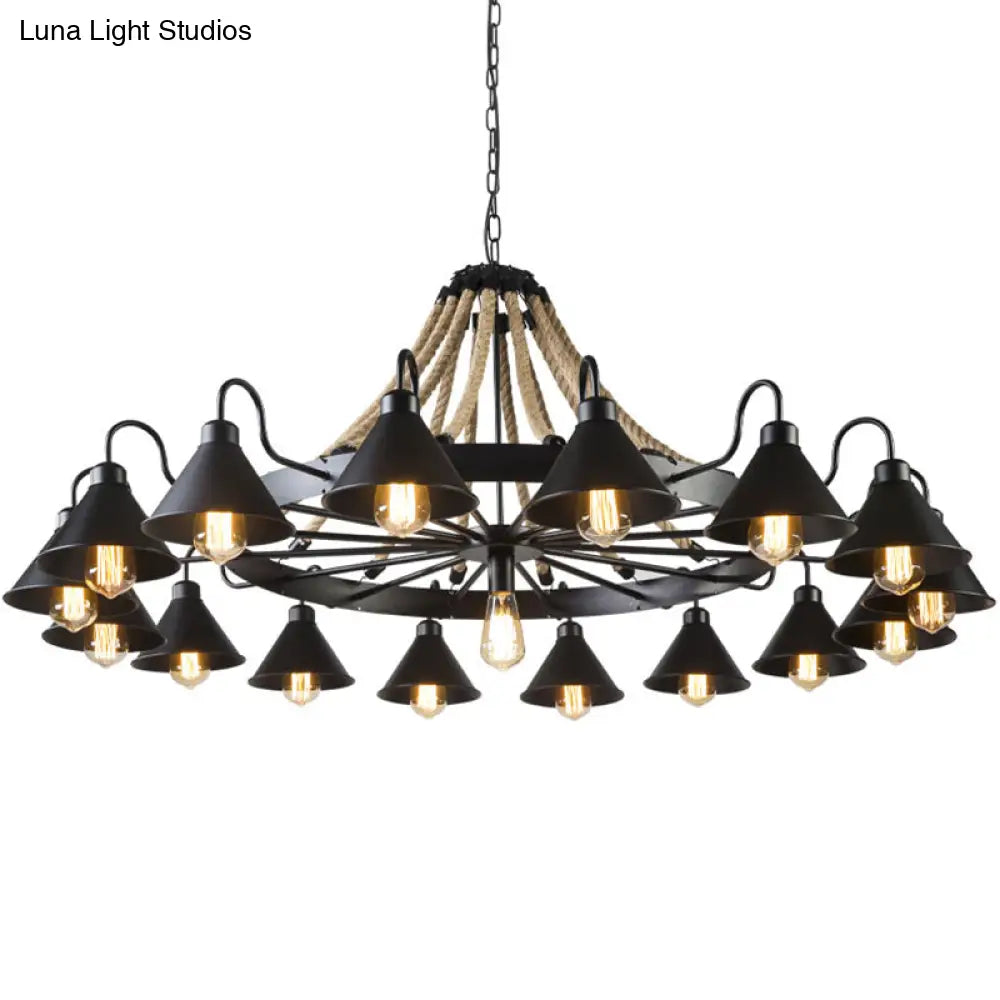 Industrial Metal Black Chandelier with Cone & Rope Design and Wagon Wheel Suspension