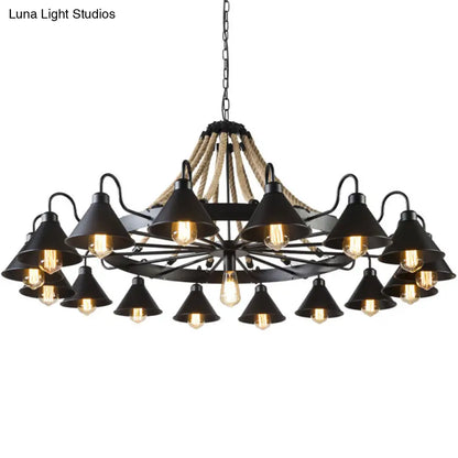 Industrial Metal Black Chandelier with Cone & Rope Design and Wagon Wheel Suspension