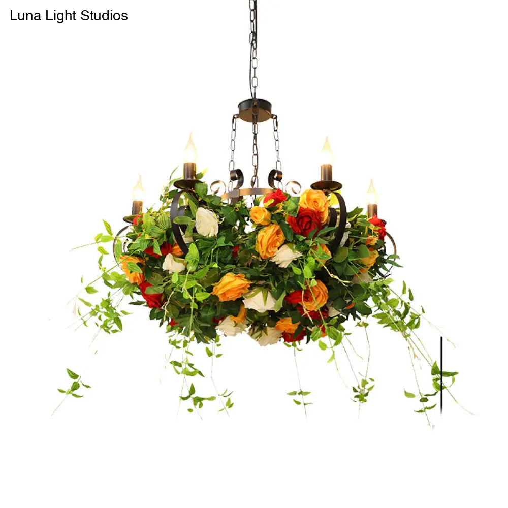 Industrial Metal Black Chandelier with LED Lights and Plant Decor - 6-Light Rose Design