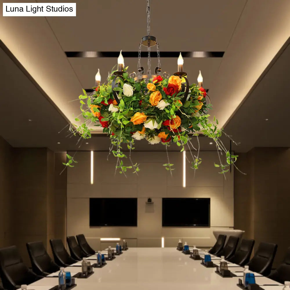 Industrial Metal Black Chandelier with LED Lights and Plant Decor - 6-Light Rose Design