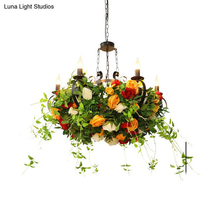 Industrial Metal Black Chandelier with LED Lights and Plant Decor - 6-Light Rose Design