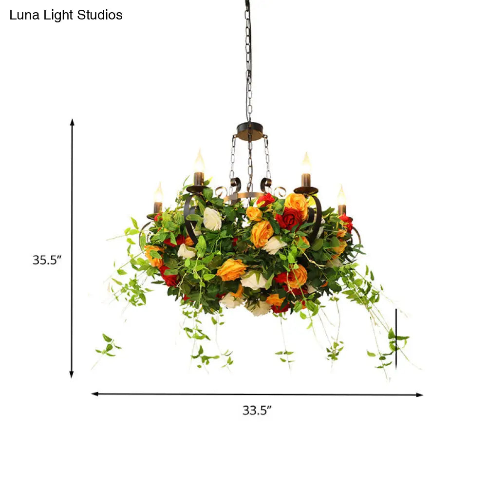 Industrial Metal Black Chandelier with LED Lights and Plant Decor - 6-Light Rose Design