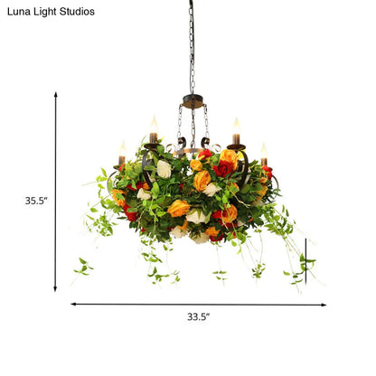 Industrial Metal Black Chandelier with LED Lights and Plant Decor - 6-Light Rose Design