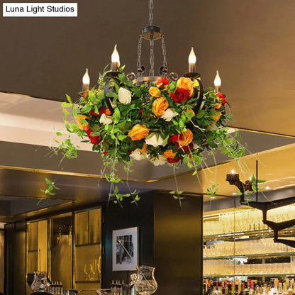 Industrial Metal Black Chandelier with LED Lights and Plant Decor - 6-Light Rose Design