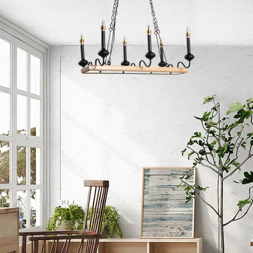 Black finish decorbites™ industrial metal 6-bulb indoor island pendant light with gold accents and rustic wooden base