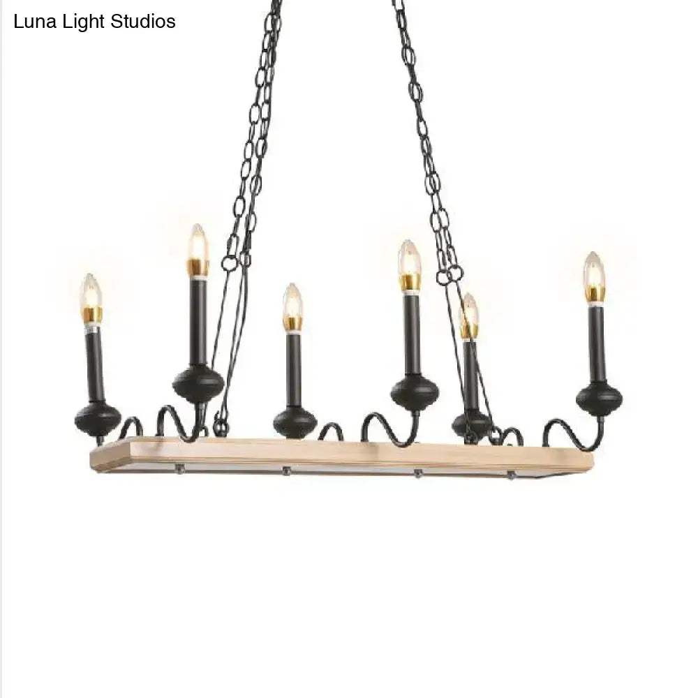 DecorBites™ black finish industrial metal indoor island pendant light with wooden canopy and six glowing bulbs