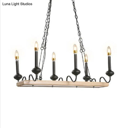 DecorBites™ black finish industrial metal indoor island pendant light with wooden canopy and six glowing bulbs