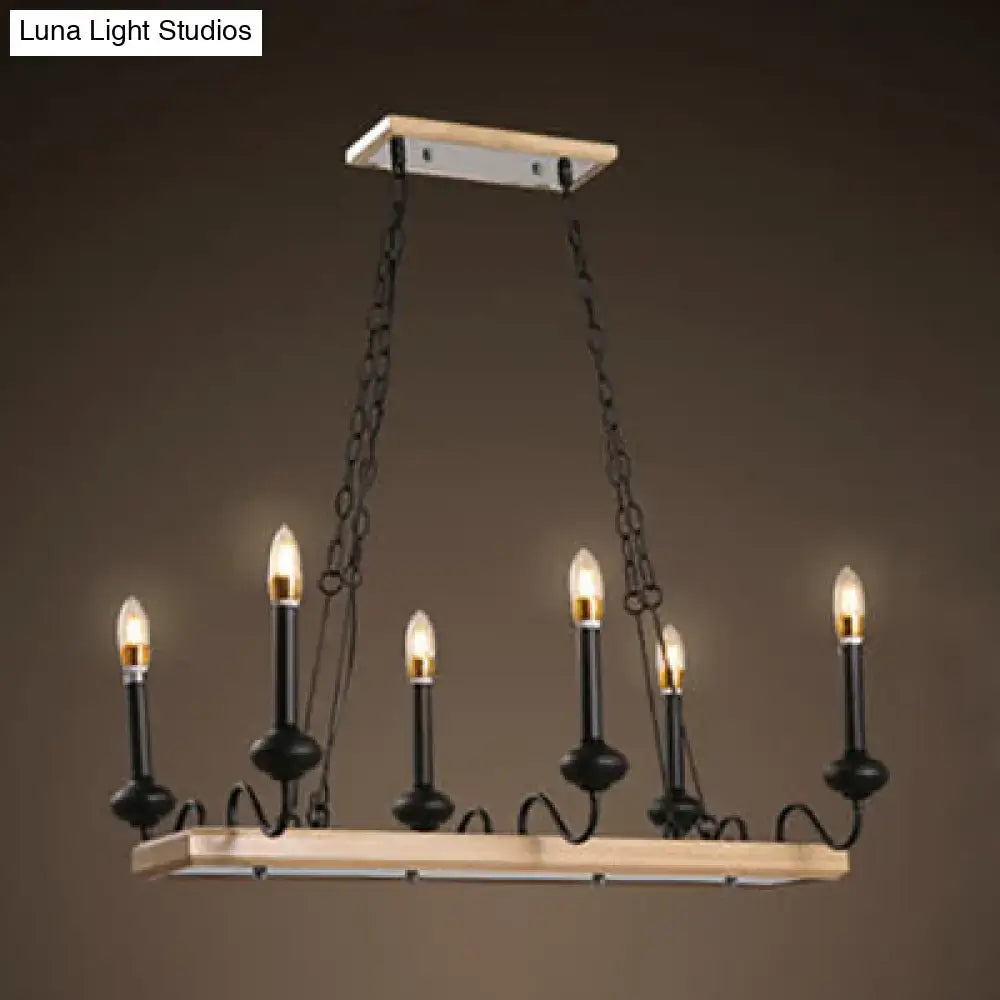 DecorBites™ industrial metal indoor island pendant light with black finish, wooden canopy, and rustic farmhouse chandelier style