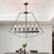 Industrial metal black island lighting pendant light with six exposed bulb sockets and chain suspension for dining room