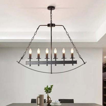Industrial metal black island lighting pendant light with six exposed bulb sockets and chain suspension for dining room