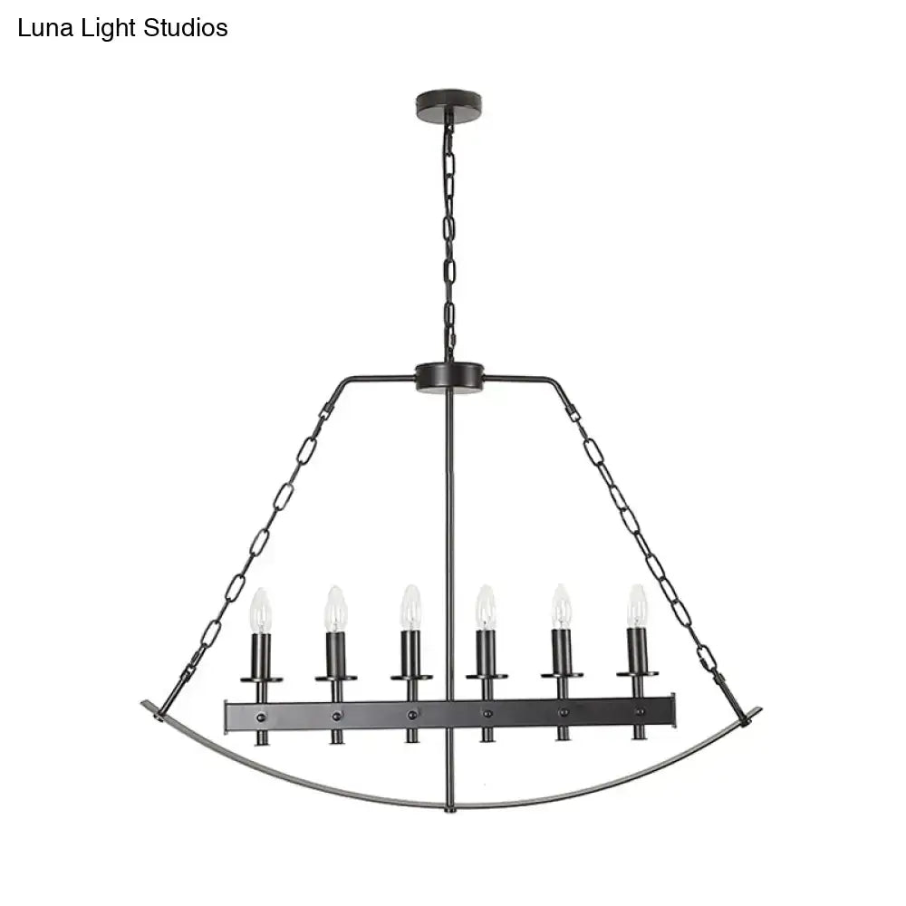 Black wrought iron chandelier with six candle bulbs and chain suspension for metal black island lighting