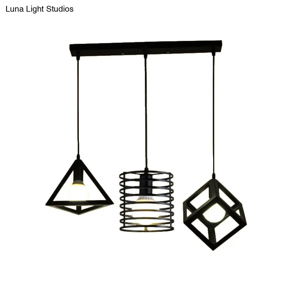 Industrial Metal Black Pendant Lamp with Wire Cage, 3 Bulbs, and Stylish Hanging Lighting for Restaurants