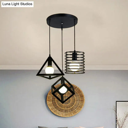 Industrial Metal Black Pendant Lamp with Wire Cage, 3 Bulbs, and Stylish Hanging Lighting for Restaurants