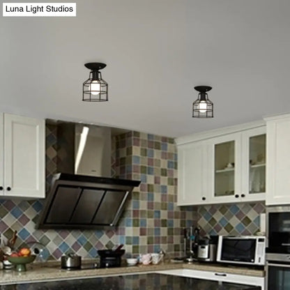 DecorBites™ DecorBites™ Industrial Metal Cage Flush Mount Ceiling Light in Black - Perfect for Living Rooms