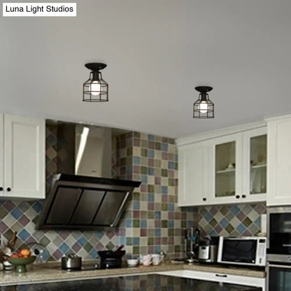 DecorBites™ DecorBites™ Industrial Metal Cage Flush Mount Ceiling Light in Black - Perfect for Living Rooms
