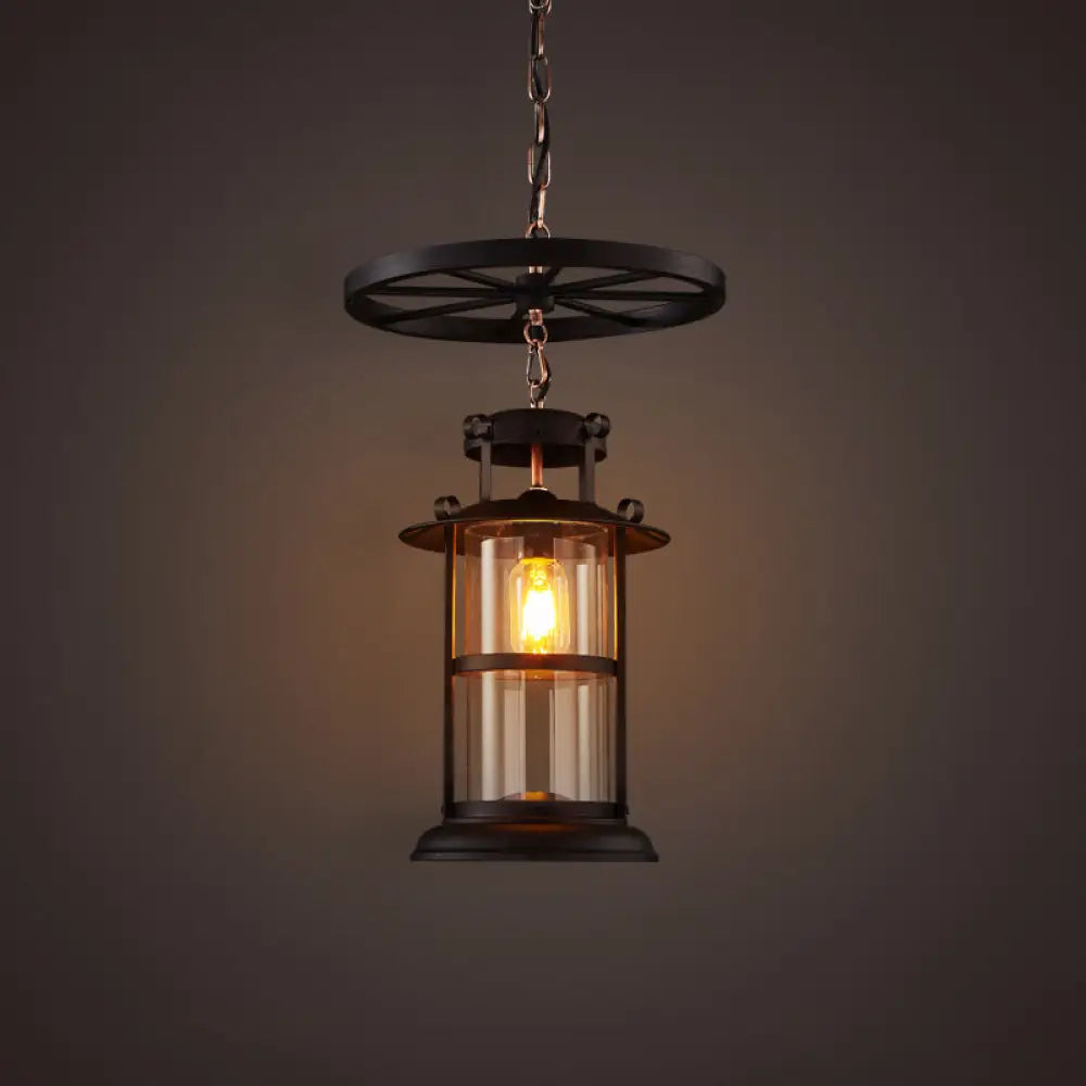 Industrial Metal Cage Pendant Lamp with Wheel Decoration - Black