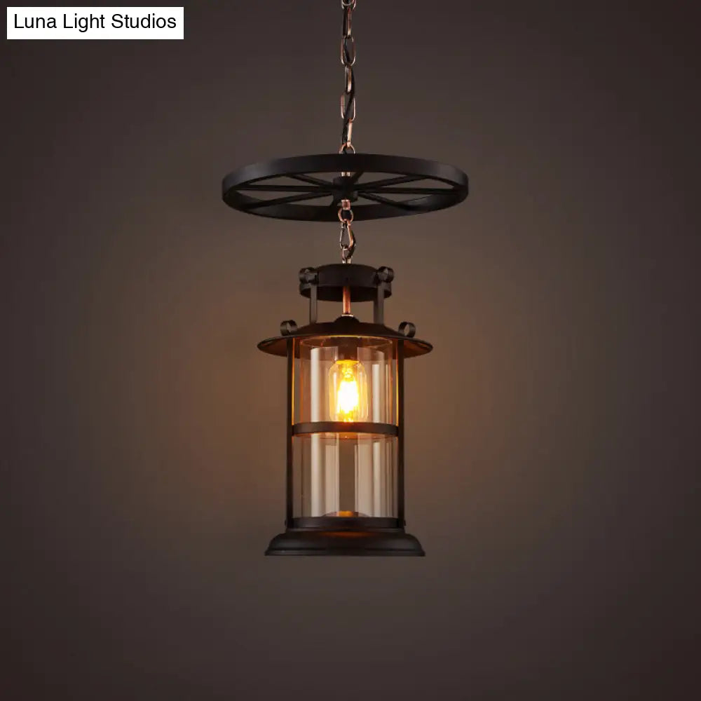 Industrial Metal Cage Pendant Lamp with Wheel Decoration - Black