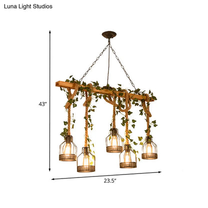 DecorBites™ Industrial Metal Caged Island Pendant Light with Rope Hanging Lamp - Brown