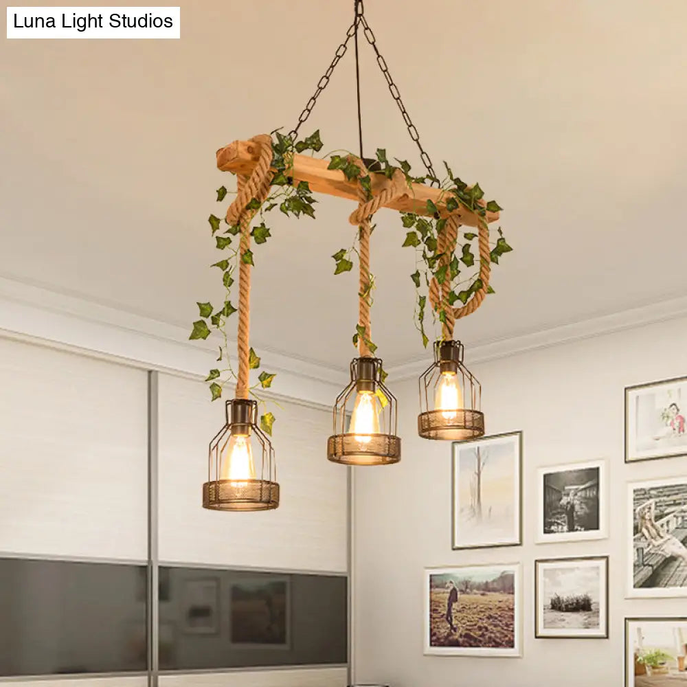 DecorBites™ Industrial Metal Caged Island Pendant Light with Rope Hanging Lamp - Brown