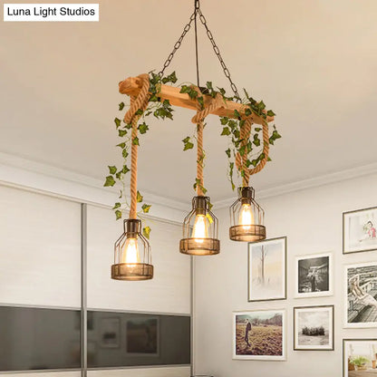 DecorBites™ Industrial Metal Caged Island Pendant Light with Rope Hanging Lamp - Brown