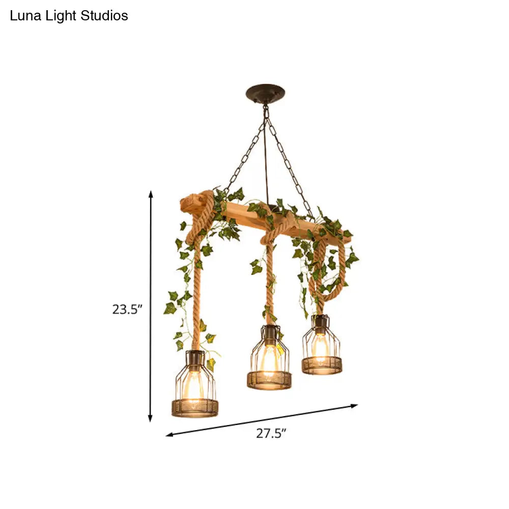 DecorBites™ Industrial Metal Caged Island Pendant Light with Rope Hanging Lamp - Brown