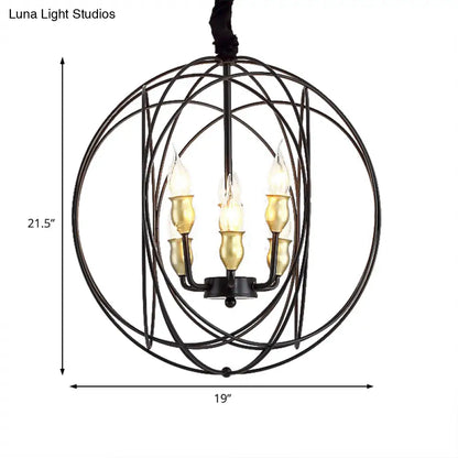 Industrial Metal Candle Light Fixture, Black Pendant Lighting with Orb Cage - 14"/19" Wide, 3/6-Light Option for Dining Room
