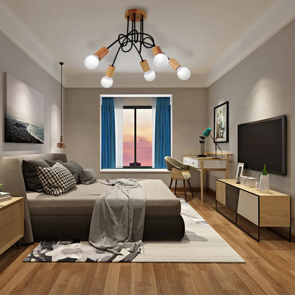 DecorBites™ DecorBites™ Industrial Metal Ceiling Flush Mount with Bulb, 3/5 Lights, Wooden Cap