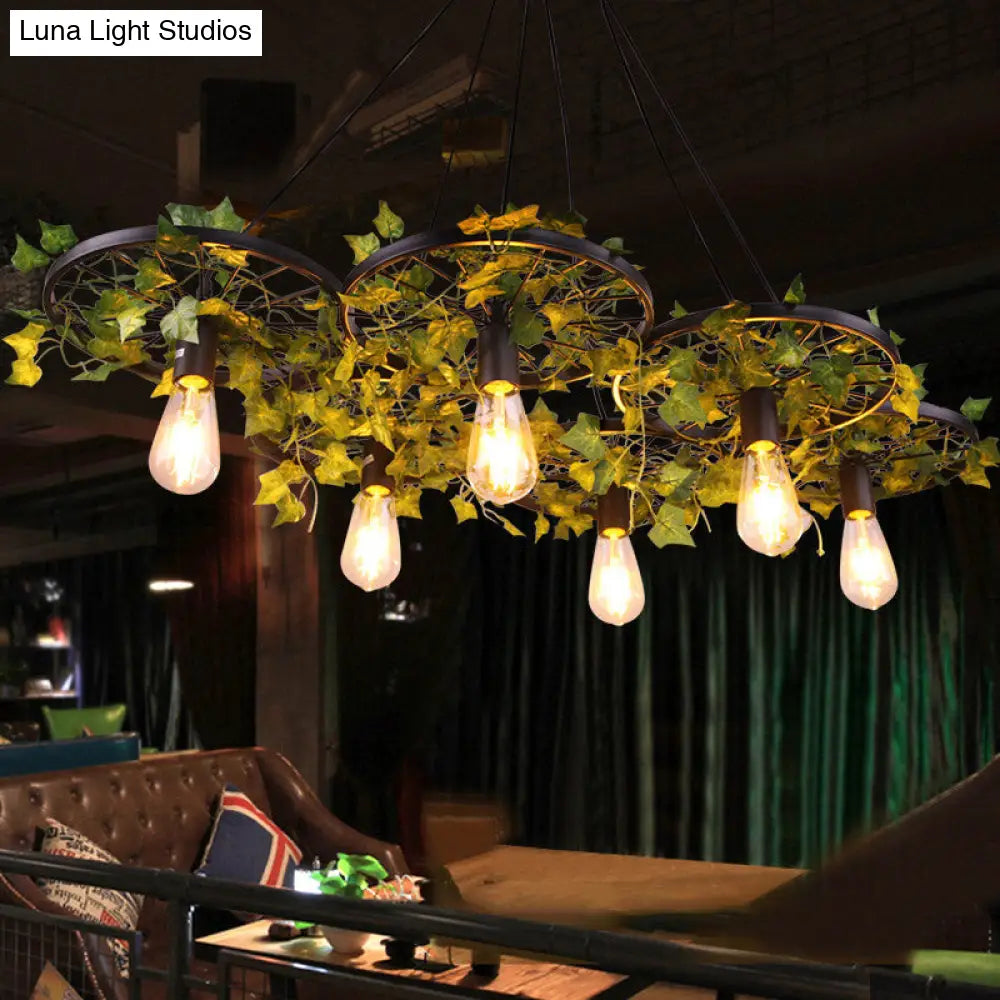 Industrial Metal Ceiling Lamp with Plant Decor and Multiple Heads for Restaurant