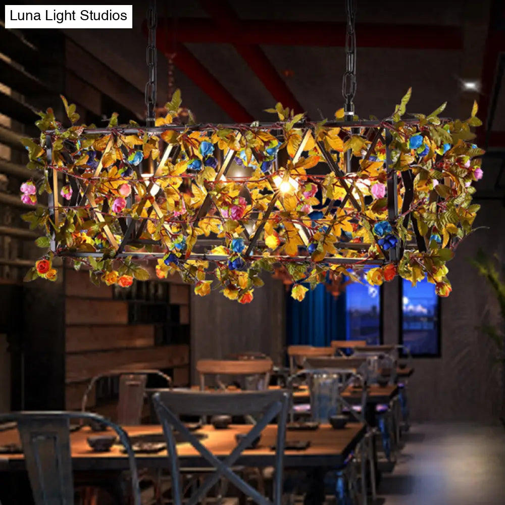 Industrial Metal Chandelier: 4-Light Black Dining Room Pendant with Flower Detail