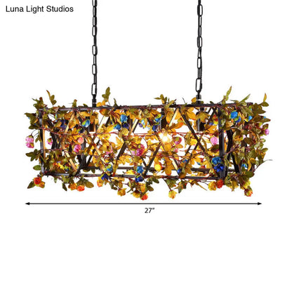 Industrial Metal Chandelier: 4-Light Black Dining Room Pendant with Flower Detail