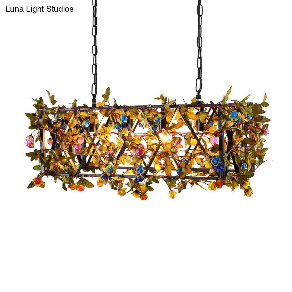 Industrial Metal Chandelier: 4-Light Black Dining Room Pendant with Flower Detail