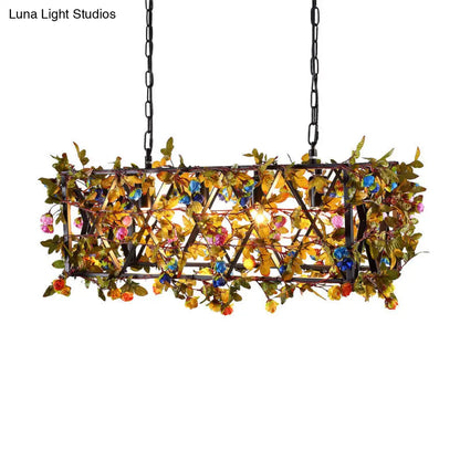 Industrial Metal Chandelier: 4-Light Black Dining Room Pendant with Flower Detail