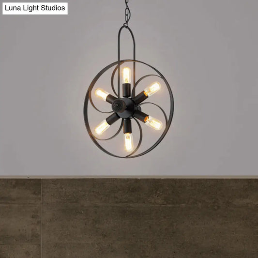 Industrial Metal Chandelier - Black Wheel Pendant Light with 6 Adjustable Lights for Dining Room