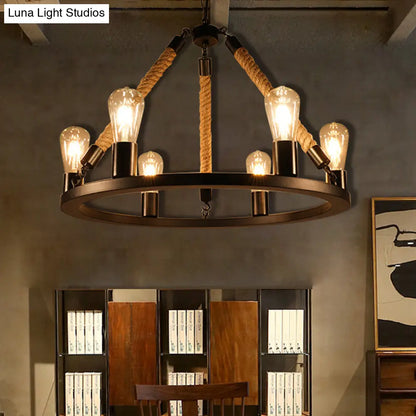 Industrial Metal Chandelier: Open Bulb 6/8-Light Rope Pendant Lamp, Black with Ring Design - Dining Room Lighting Fixture