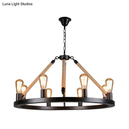 Industrial Metal Chandelier: Open Bulb 6/8-Light Rope Pendant Lamp, Black with Ring Design - Dining Room Lighting Fixture