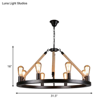 Industrial Metal Chandelier: Open Bulb 6/8-Light Rope Pendant Lamp, Black with Ring Design - Dining Room Lighting Fixture