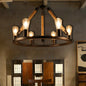 Industrial Metal Chandelier: Open Bulb 6/8-Light Rope Pendant Lamp, Black with Ring Design - Dining Room Lighting Fixture