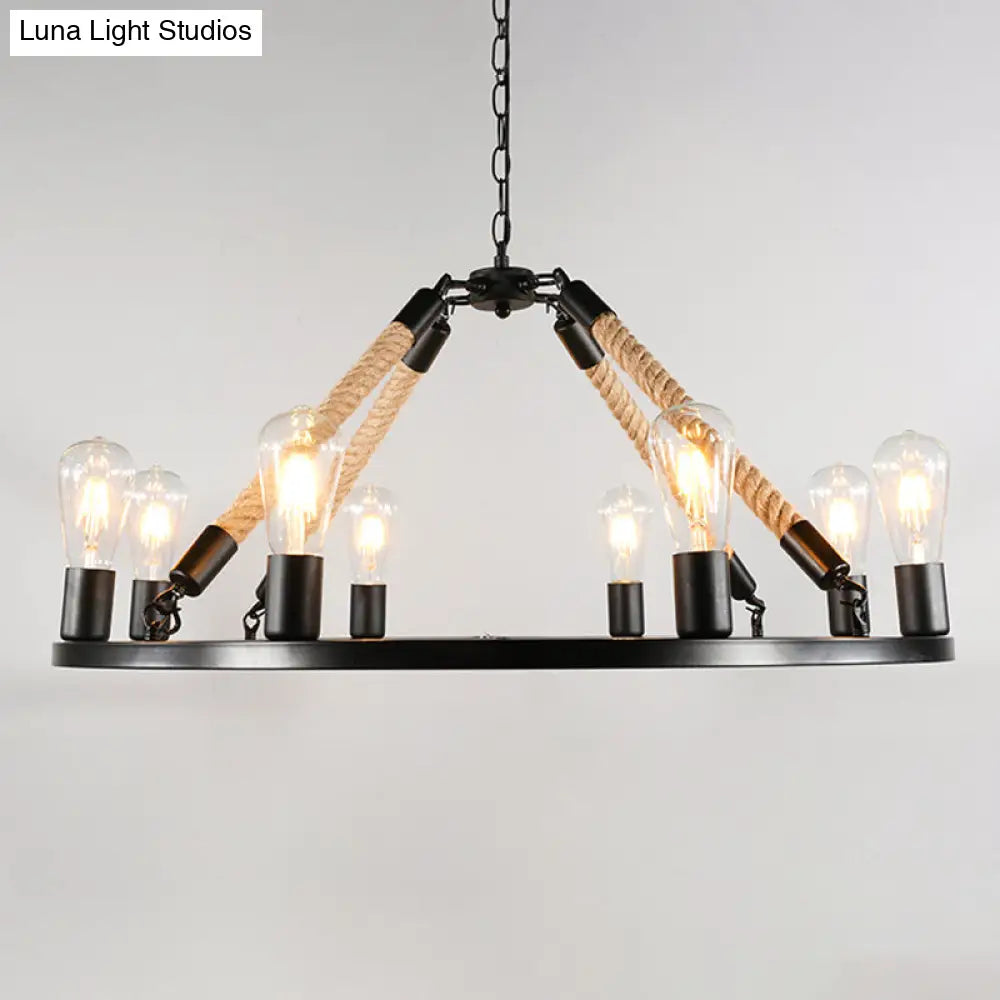 Industrial Metal Chandelier: Open Bulb 6/8-Light Rope Pendant Lamp, Black with Ring Design - Dining Room Lighting Fixture