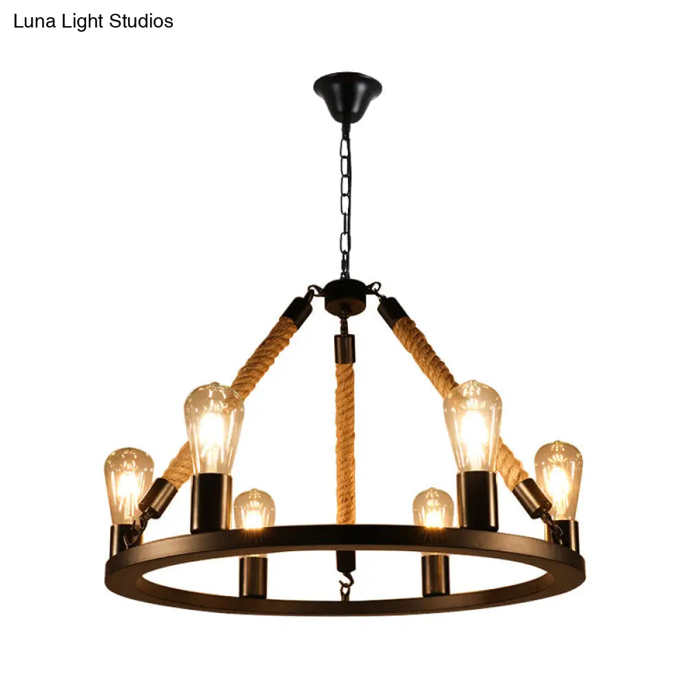 Industrial Metal Chandelier: Open Bulb 6/8-Light Rope Pendant Lamp, Black with Ring Design - Dining Room Lighting Fixture