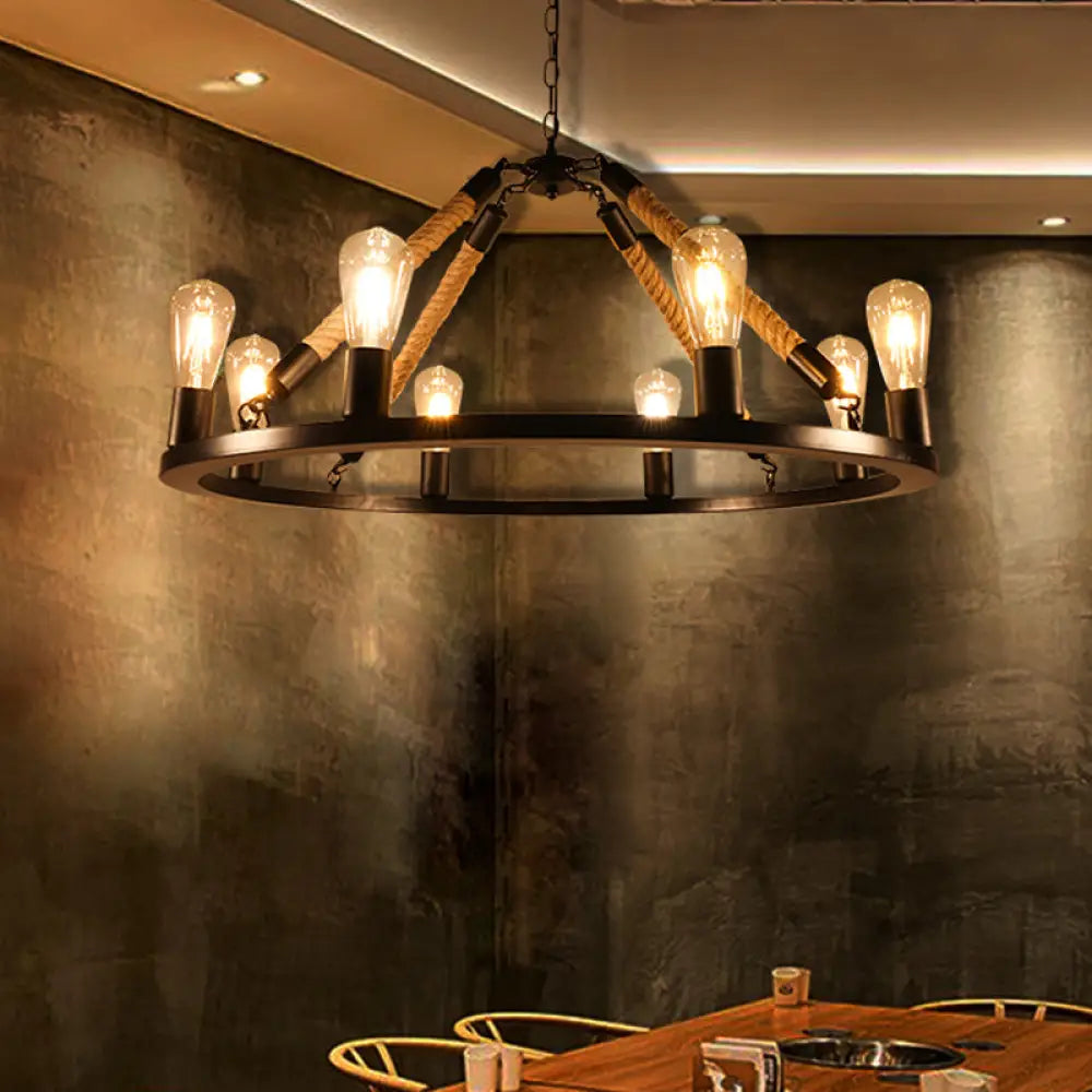 Industrial Metal Chandelier: Open Bulb 6/8-Light Rope Pendant Lamp, Black with Ring Design - Dining Room Lighting Fixture